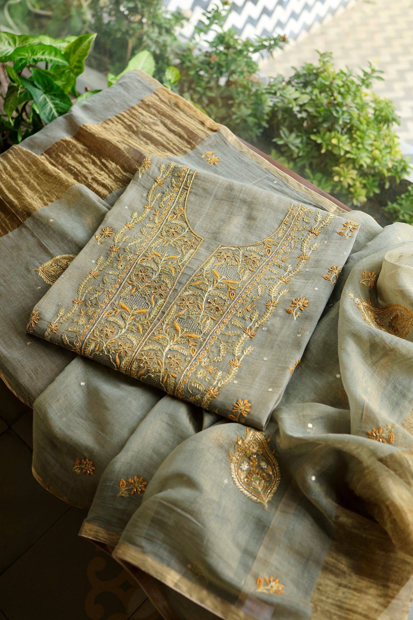 Cement Grey Shade Tissue Silk Chikankari Unstitched Fabric