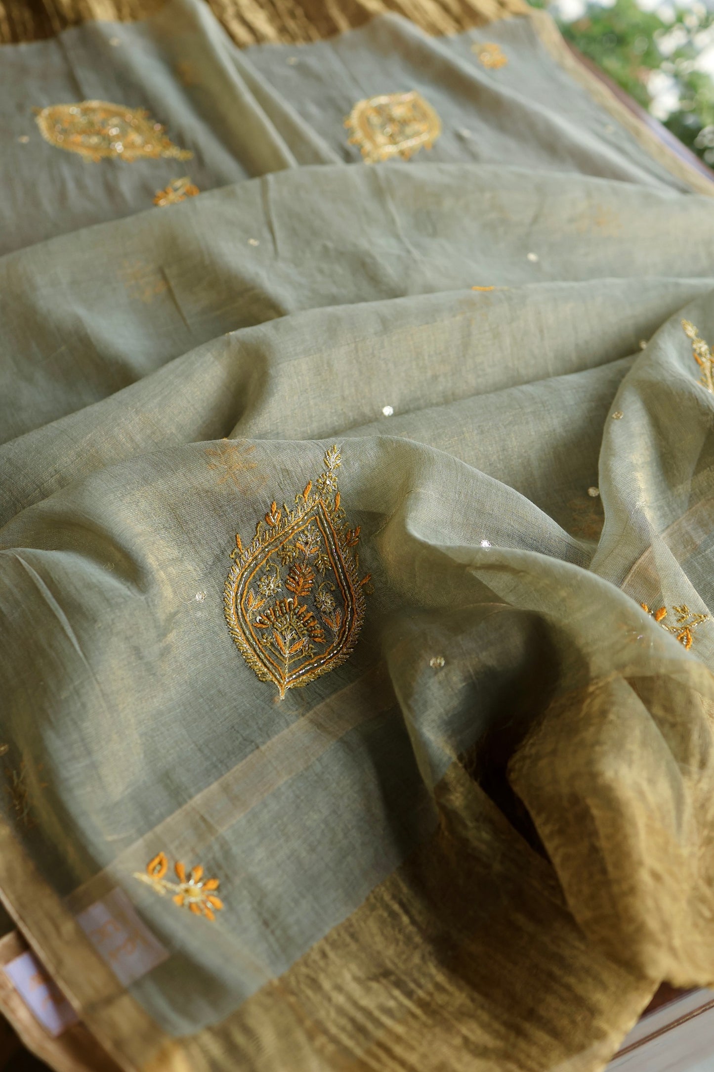 Cement Grey Shade Tissue Silk Chikankari Unstitched Fabric