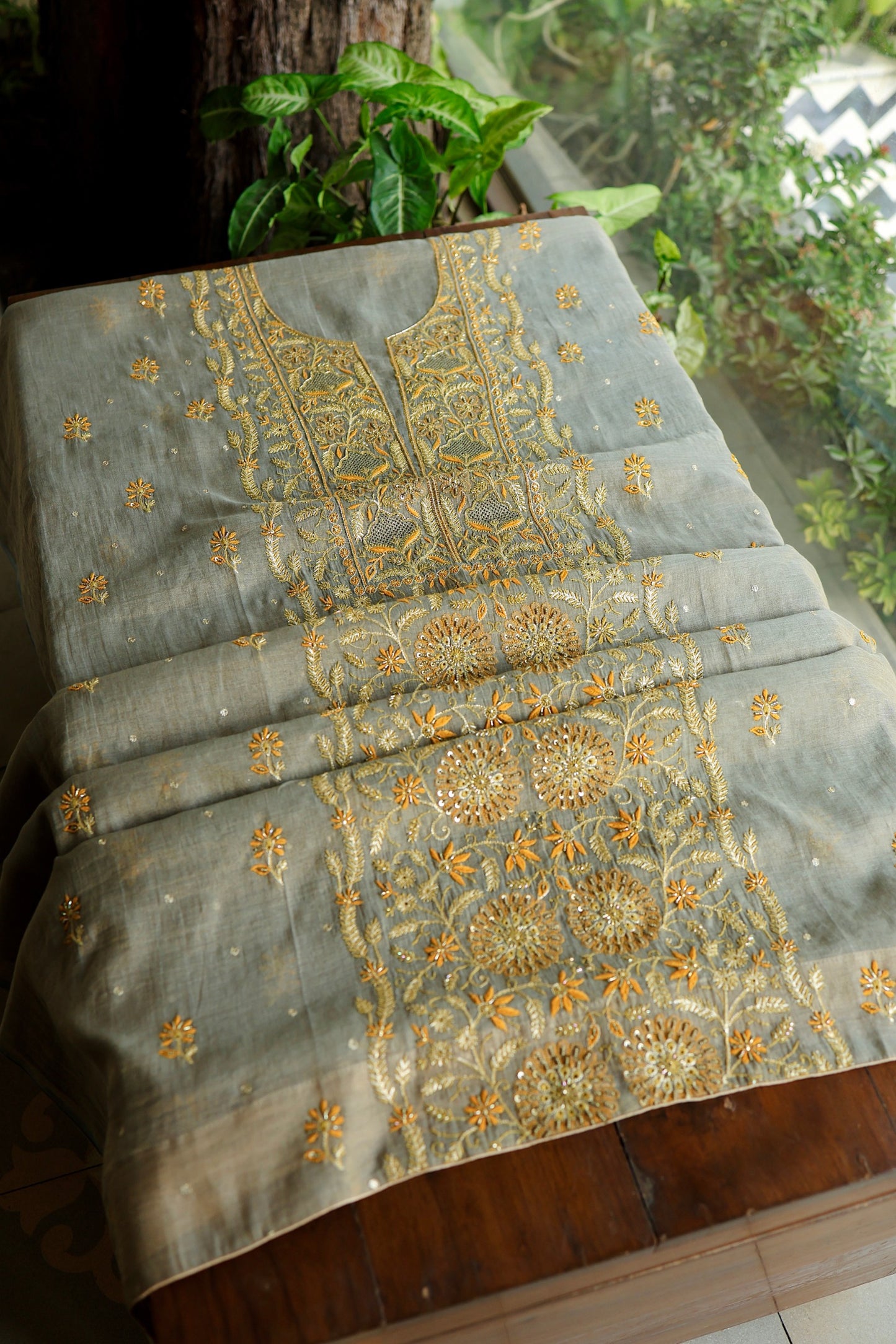 Cement Grey Shade Tissue Silk Chikankari Unstitched Fabric