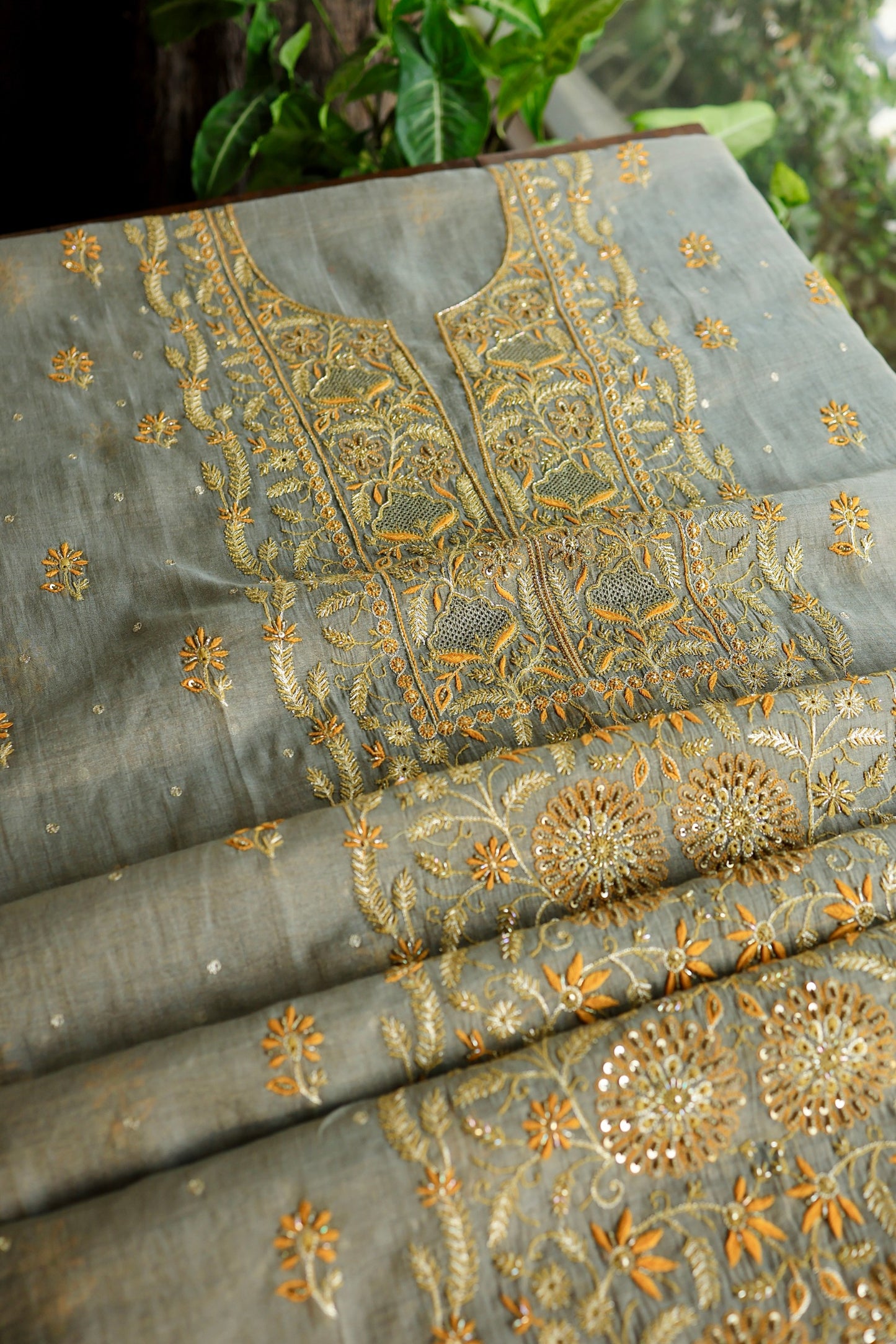 Cement Grey Shade Tissue Silk Chikankari Unstitched Fabric