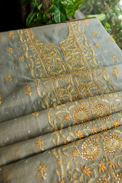 Cement Grey Shade Tissue Silk Chikankari Unstitched Fabric