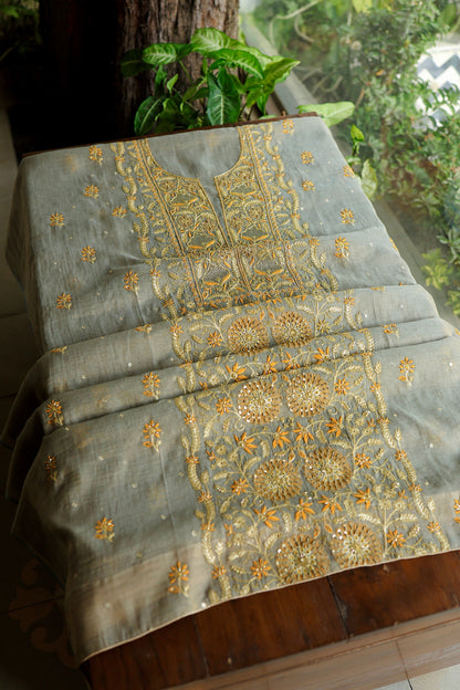 Cement Grey Shade Tissue Silk Chikankari Unstitched Fabric