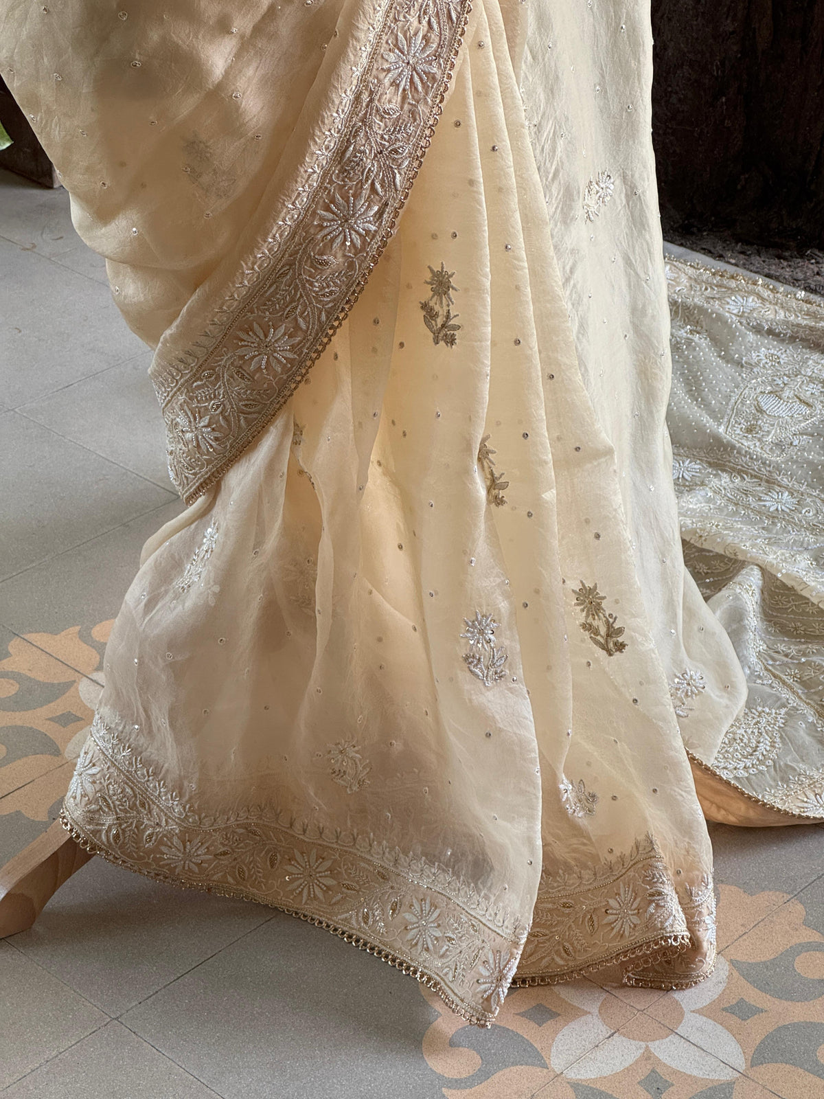 Champagne Beige Organza Saree with Intricate Chikankari and Ari Work