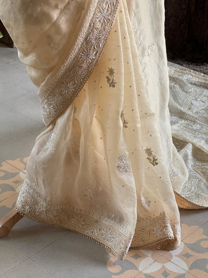 Champagne Beige Organza Saree with Intricate Chikankari and Ari Work