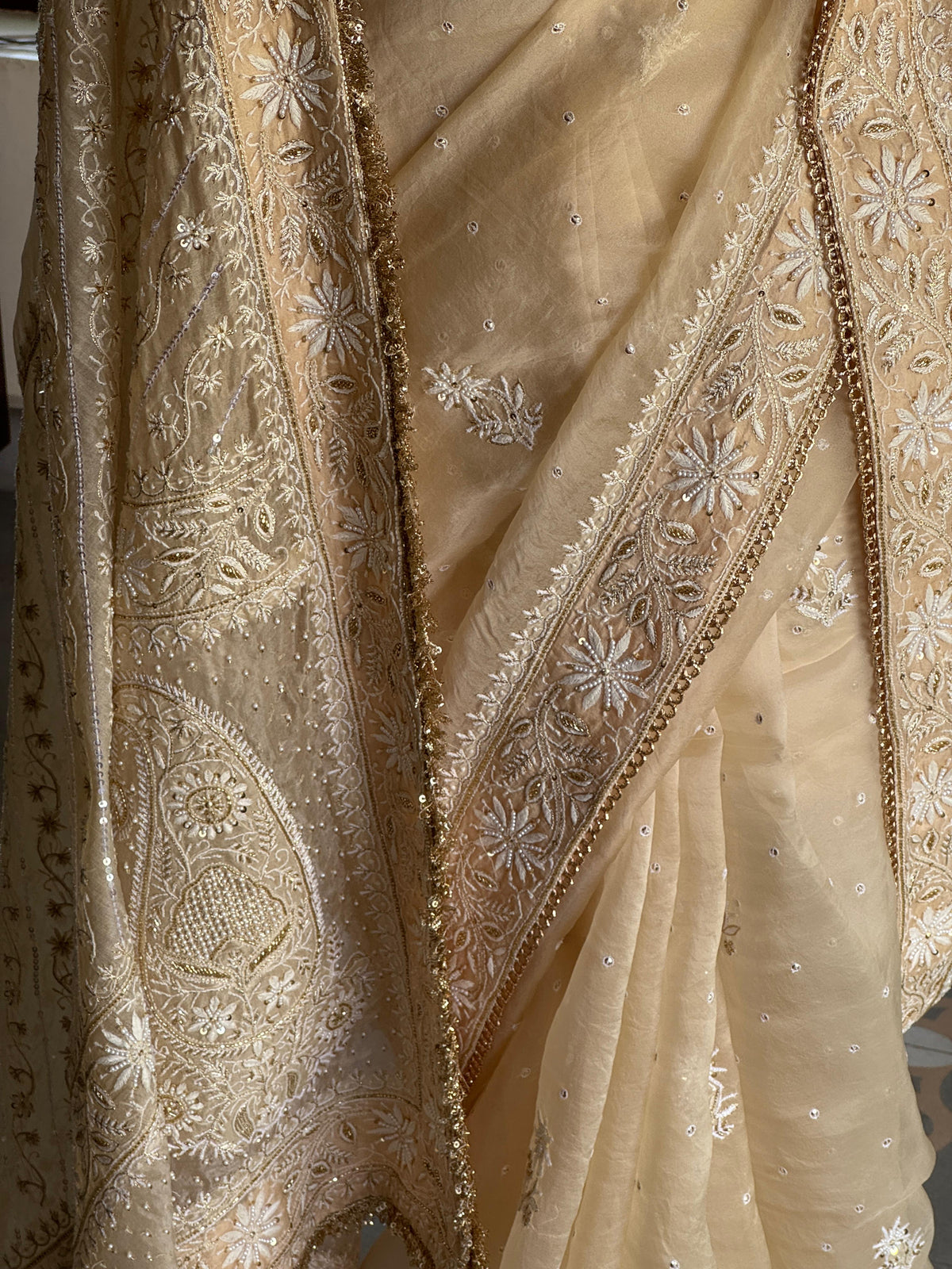 Champagne Beige Organza Saree with Intricate Chikankari and Ari Work