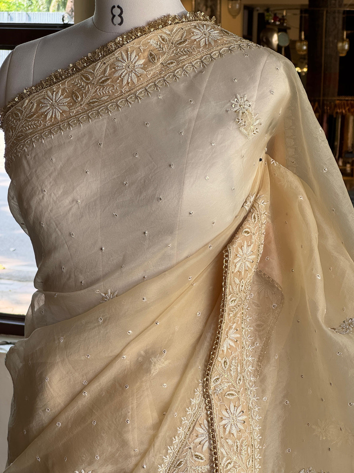 Champagne Beige Organza Saree with Intricate Chikankari and Ari Work