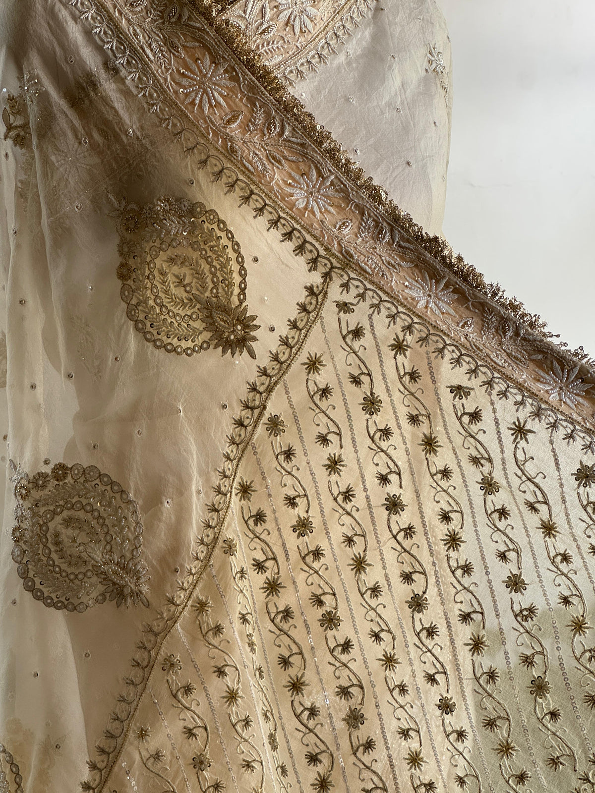 Champagne Beige Organza Saree with Intricate Chikankari and Ari Work