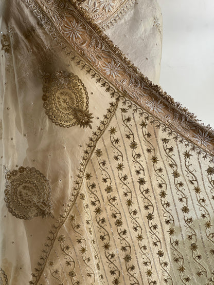 Champagne Beige Organza Saree with Intricate Chikankari and Ari Work