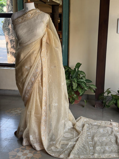 Champagne Beige Organza Saree with Intricate Chikankari and Ari Work