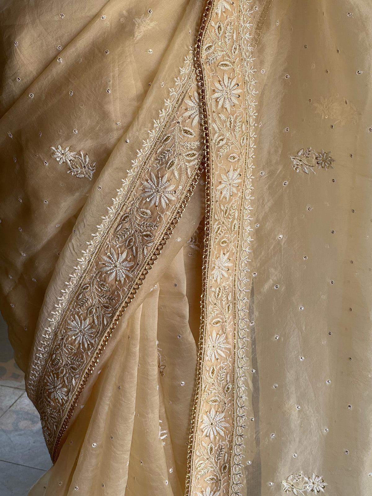 Champagne Beige Organza Saree with Intricate Chikankari and Ari Work
