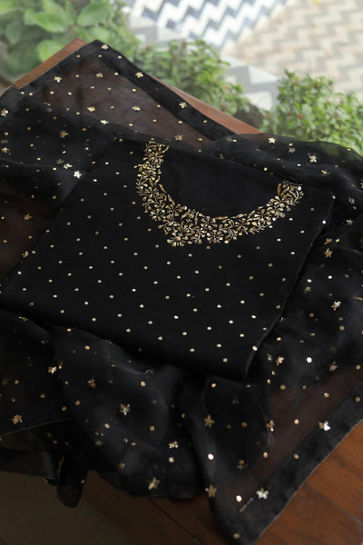 Black Chanderi Silk Mukaish Badla Unstitched Fabrics