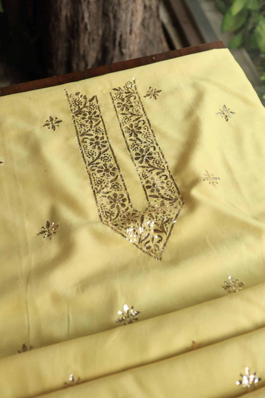 Yellow Chanderi Mukaish Badla Unstitched Chikankari Unisex Kurtas
