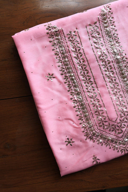 Pink Chanderi Mukaish Badla Unstitched Chikankari Unisex Kurtas