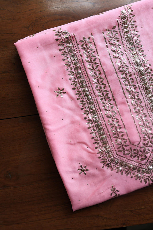 Pink Chanderi Mukaish Badla Unstitched Chikankari Unisex Kurtas