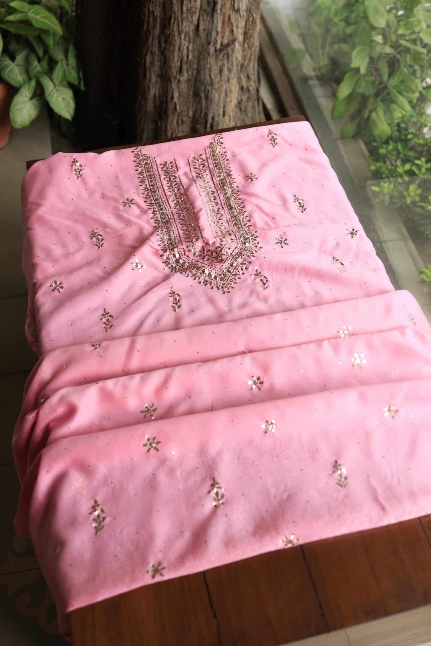 Pink Chanderi Mukaish Badla Unstitched Chikankari Unisex Kurtas