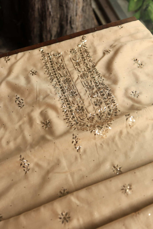 Natural Beige Chanderi Mukaish Badla Unstitched Chikankari Unisex Kurtas