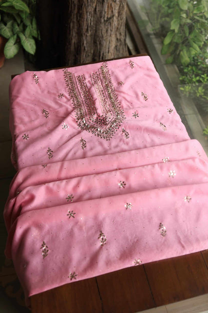 Pink Chanderi Mukaish Badla Unstitched Chikankari Unisex Kurtas