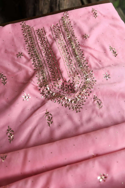Pink Chanderi Mukaish Badla Unstitched Chikankari Unisex Kurtas