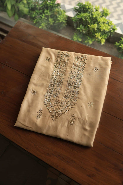 Natural Beige Chanderi Mukaish Badla Unstitched Chikankari Unisex Kurtas