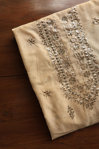 Natural Beige Chanderi Mukaish Badla Unstitched Chikankari Unisex Kurtas