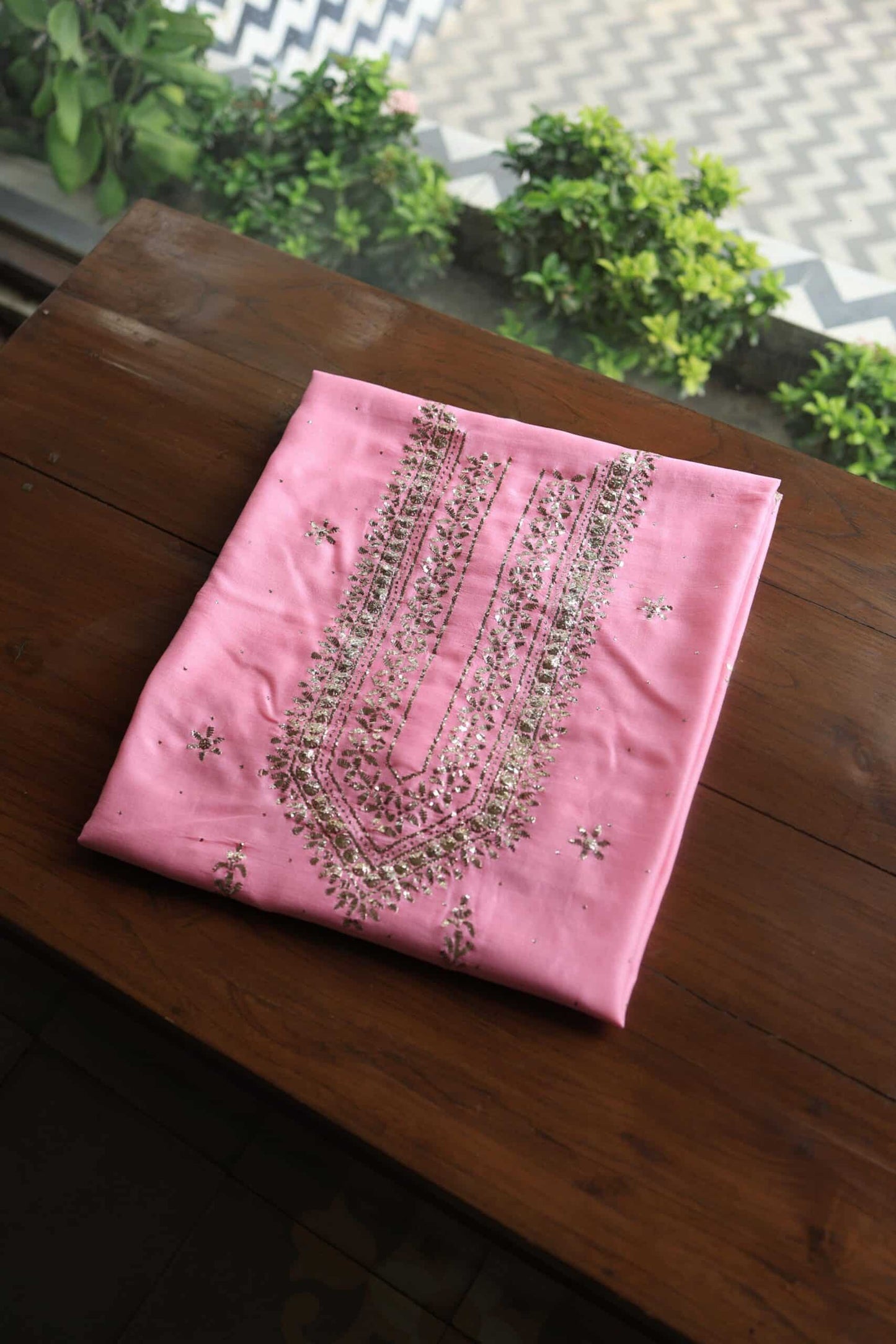 Pink Chanderi Mukaish Badla Unstitched Chikankari Unisex Kurtas
