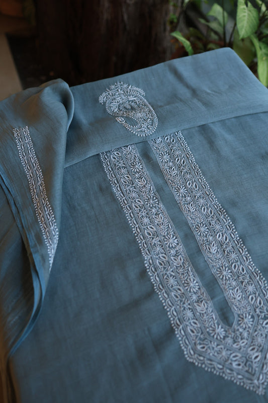 Charcoal Grey Shade Mulmul Chikankari Unstitched Men's Kurtas Fabric