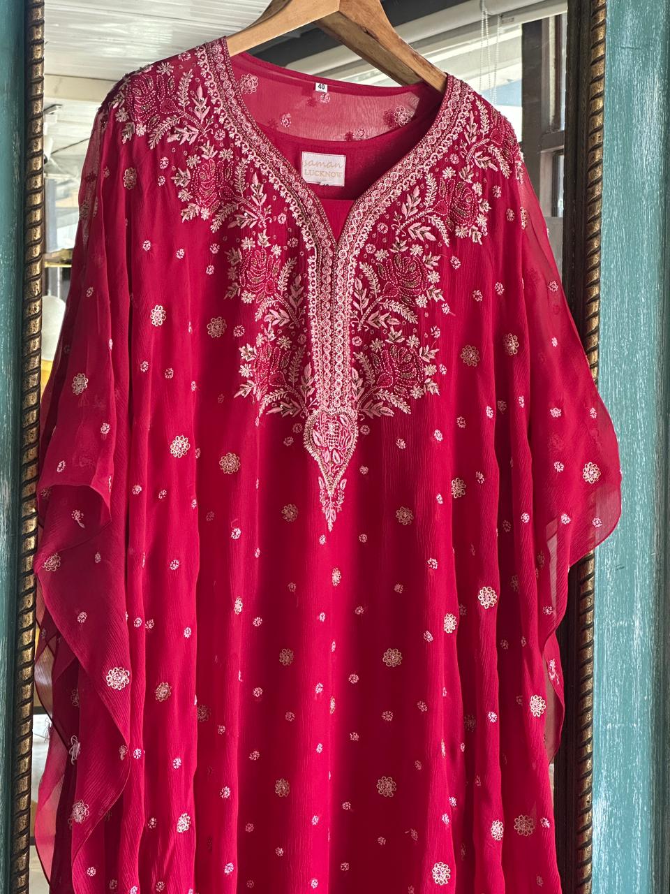 Cherry Red | Chiffon Chikankari Kaftan