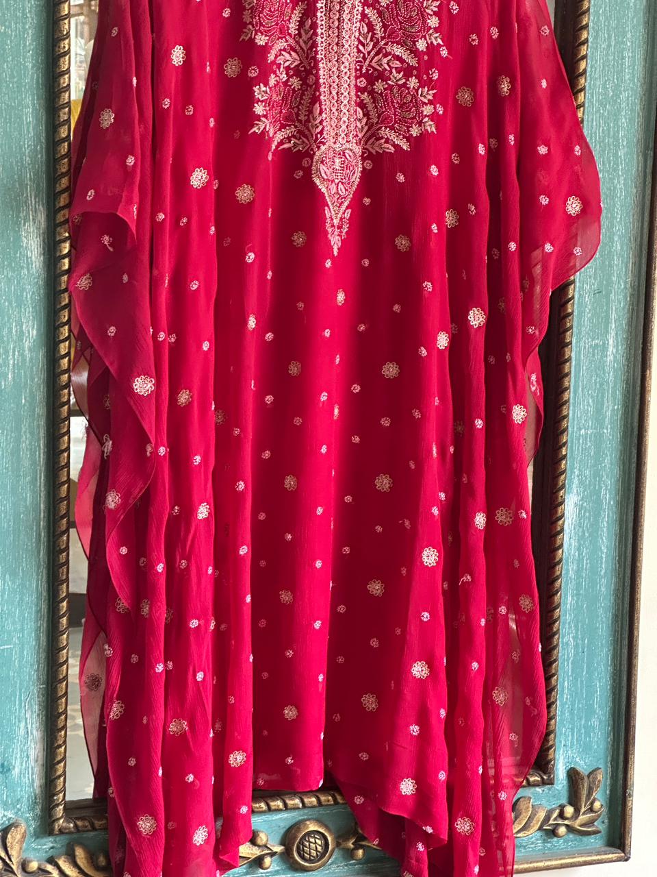 Cherry Red | Chiffon Chikankari Kaftan