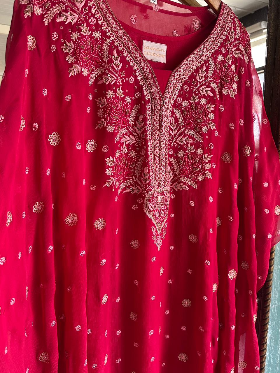 Cherry Red | Chiffon Chikankari Kaftan