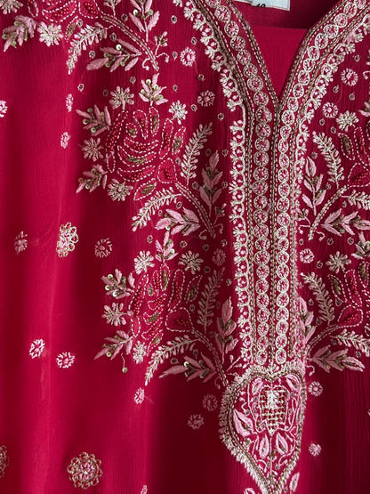 Cherry Red | Chiffon Chikankari Kaftan