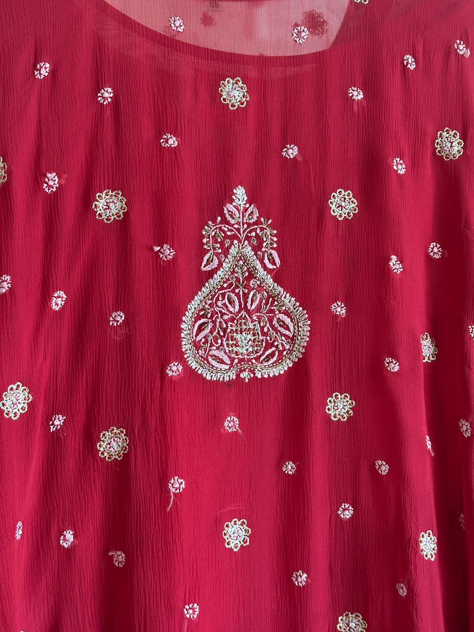 Cherry Red | Chiffon Chikankari Kaftan