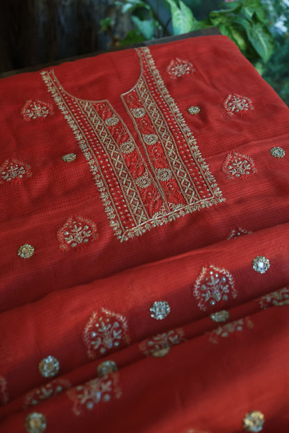 Cherry Red Handloom Kota Chikankari With Mirror Work Unstitched Kurta Dupatta Set