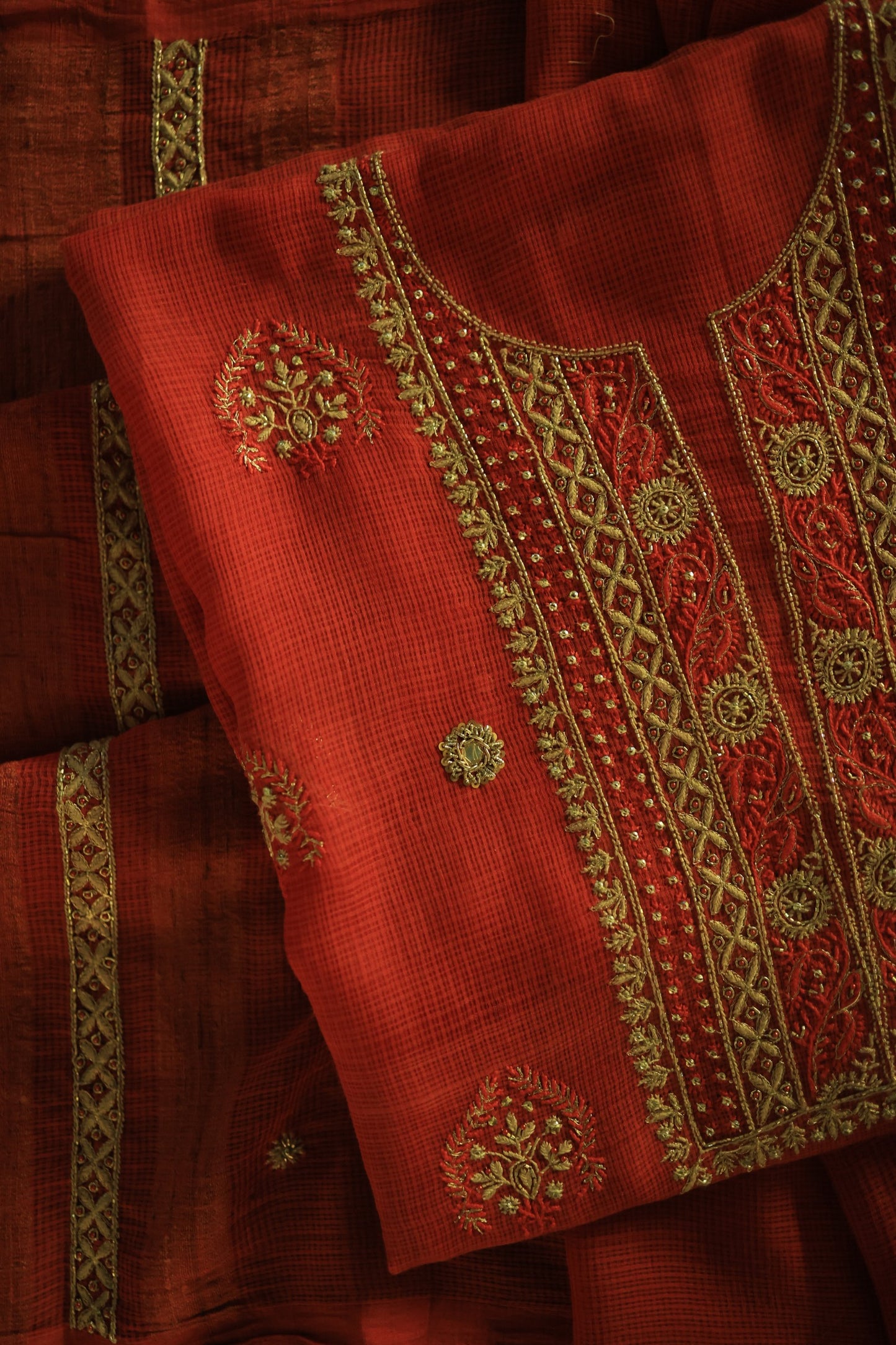 Cherry Red Handloom Kota Chikankari With Mirror Work Unstitched Kurta Dupatta Set