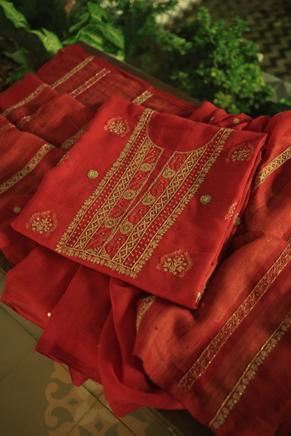 Cherry Red Handloom Kota Chikankari With Mirror Work Unstitched Kurta Dupatta Set