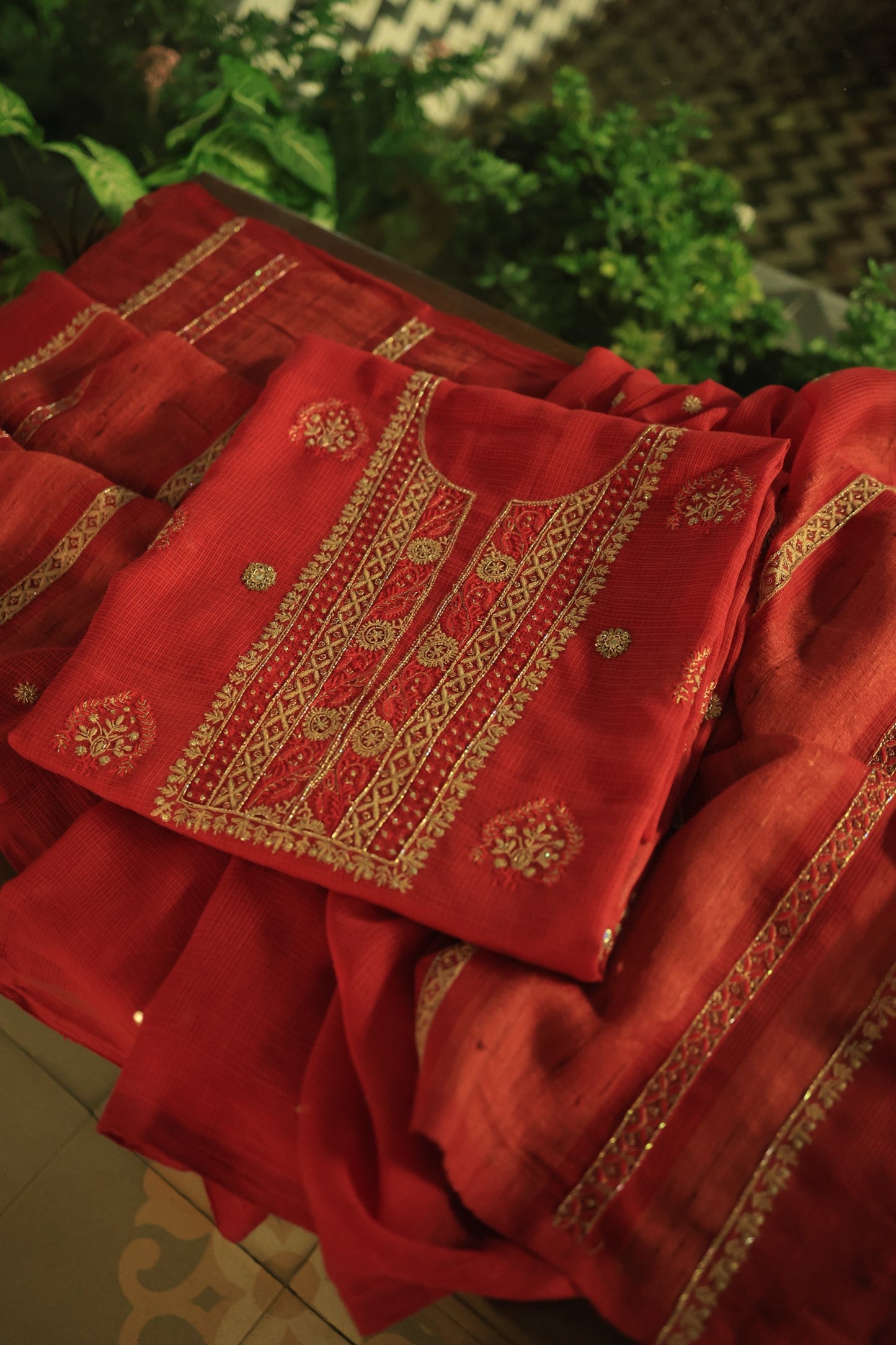 Cherry Red Handloom Kota Chikankari With Mirror Work Unstitched Kurta Dupatta Set