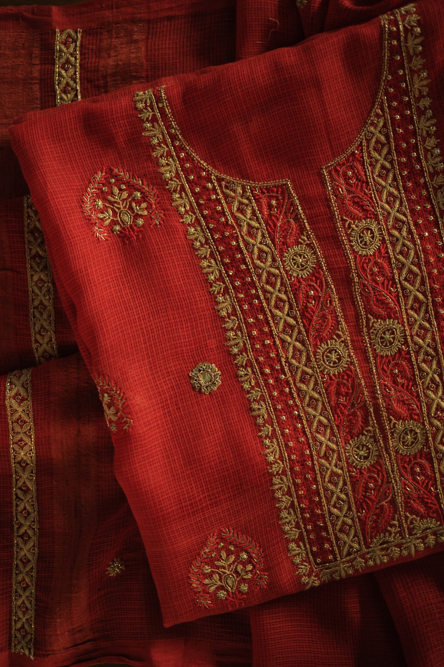 Cherry Red Handloom Kota Chikankari With Mirror Work Unstitched Kurta Dupatta Set