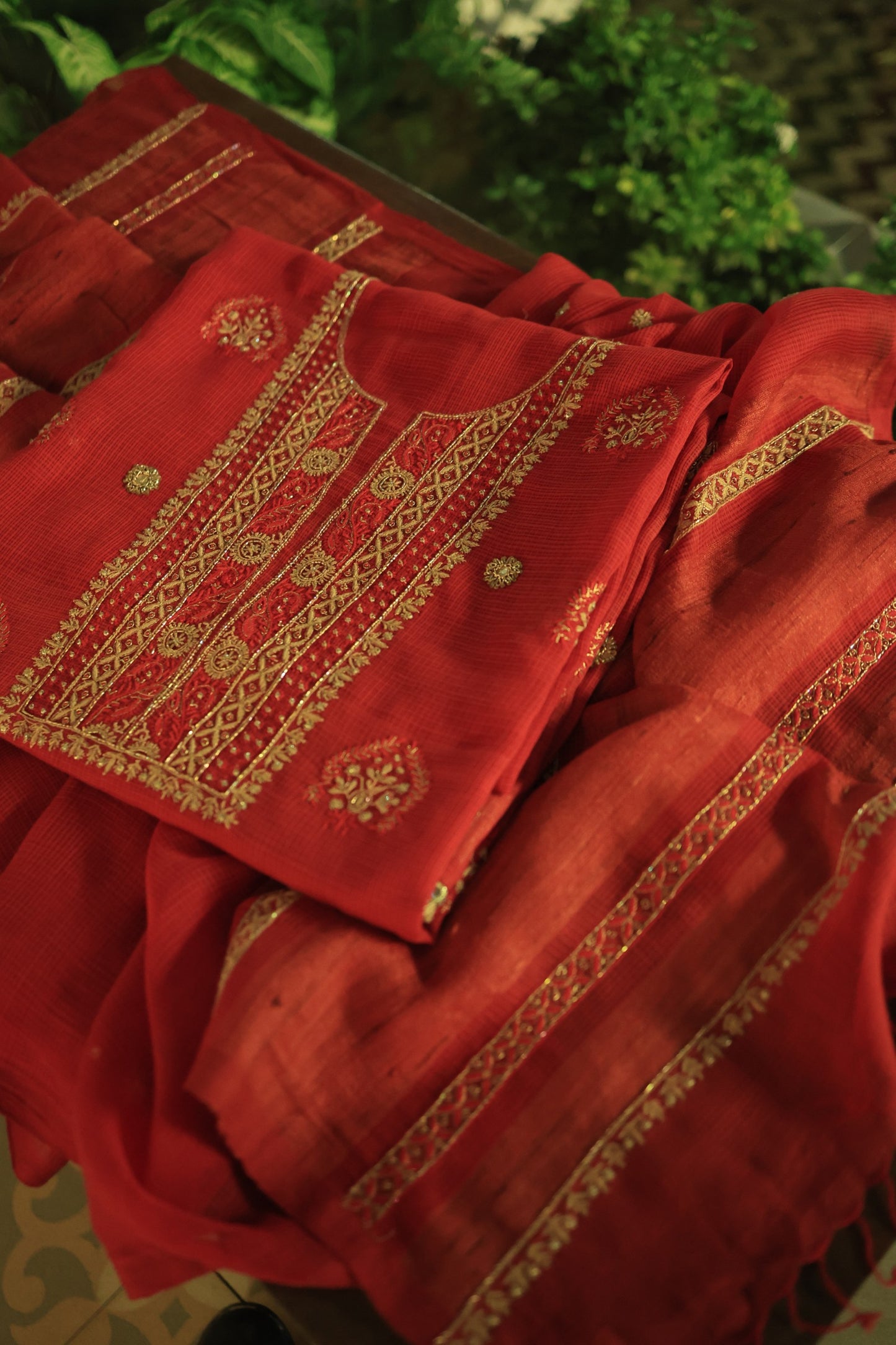 Cherry Red Handloom Kota Chikankari With Mirror Work Unstitched Kurta Dupatta Set