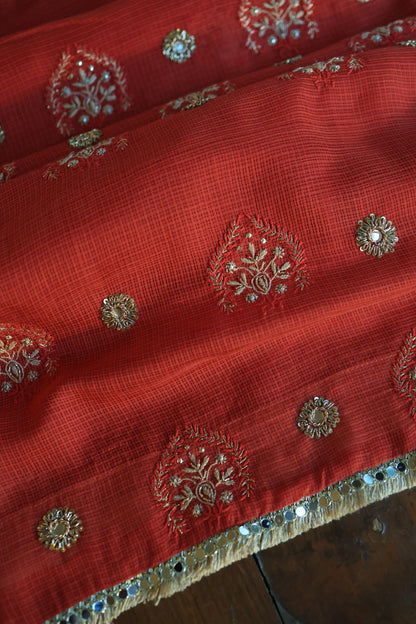 Cherry Red Handloom Kota Chikankari With Mirror Work Unstitched Kurta Dupatta Set