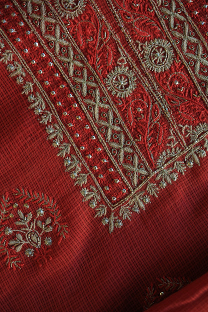 Cherry Red Handloom Kota Chikankari With Mirror Work Unstitched Kurta Dupatta Set