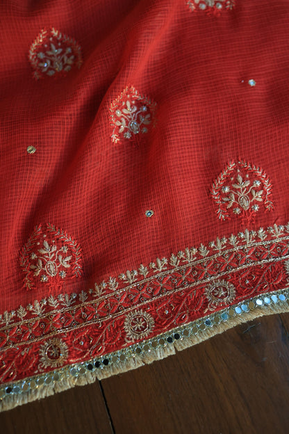 Cherry Red Handloom Kota Chikankari With Mirror Work Unstitched Kurta Dupatta Set