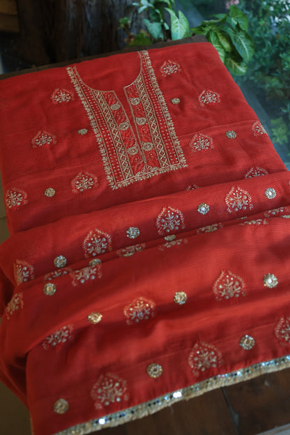 Cherry Red Handloom Kota Chikankari With Mirror Work Unstitched Kurta Dupatta Set