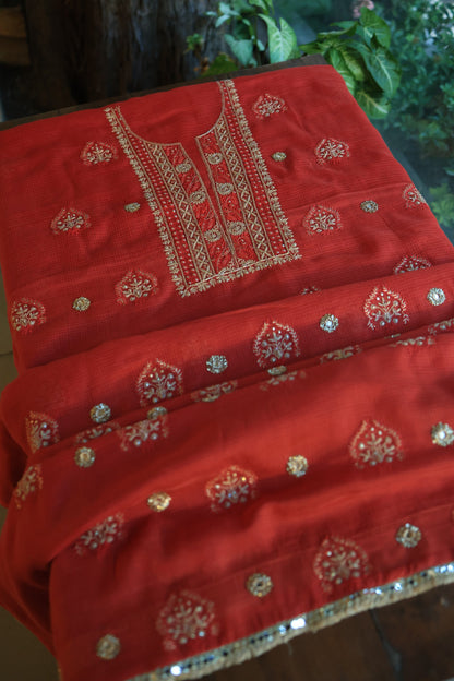 Cherry Red Handloom Kota Chikankari With Mirror Work Unstitched Kurta Dupatta Set