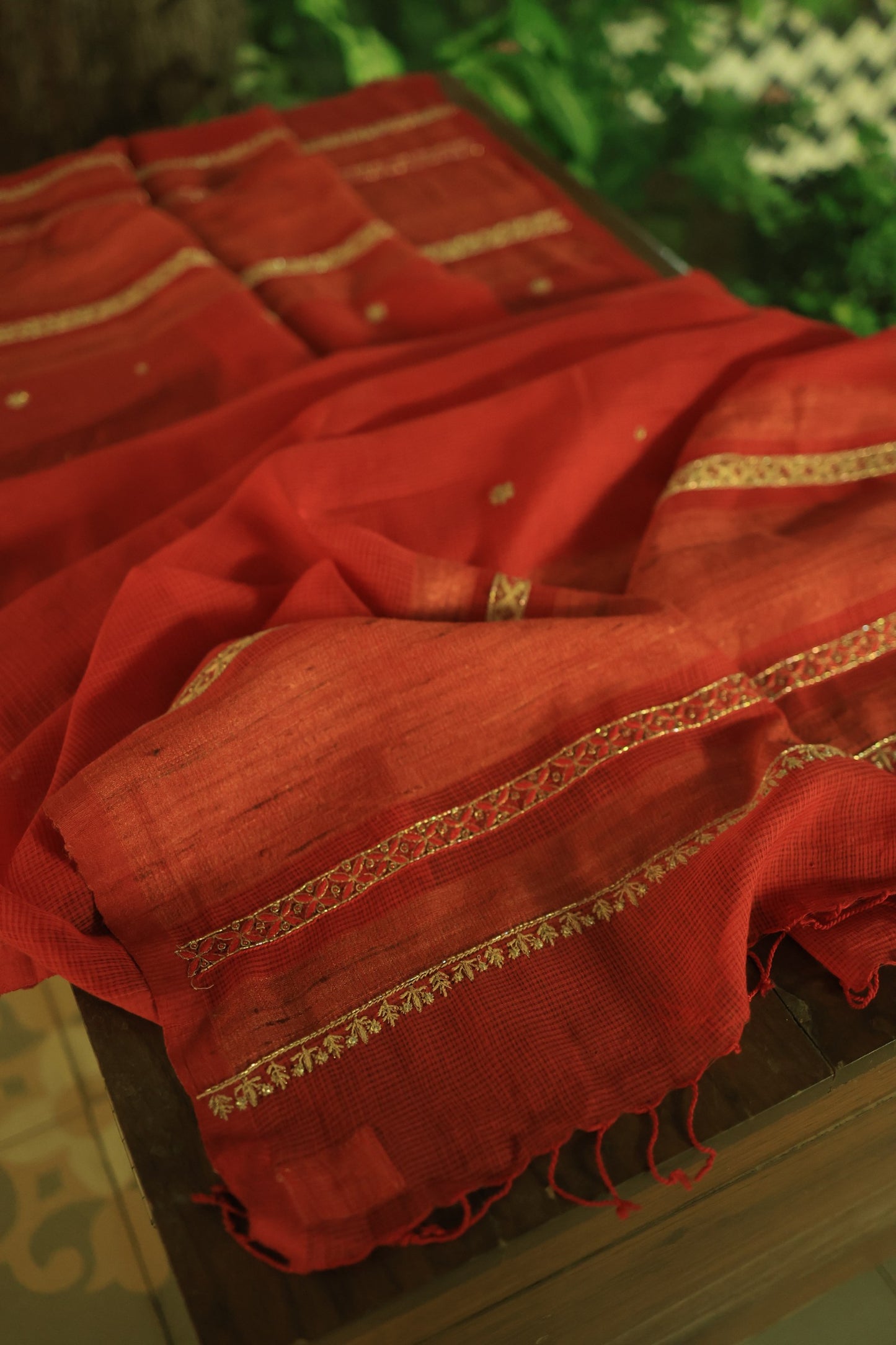 Cherry Red Handloom Kota Chikankari With Mirror Work Unstitched Kurta Dupatta Set