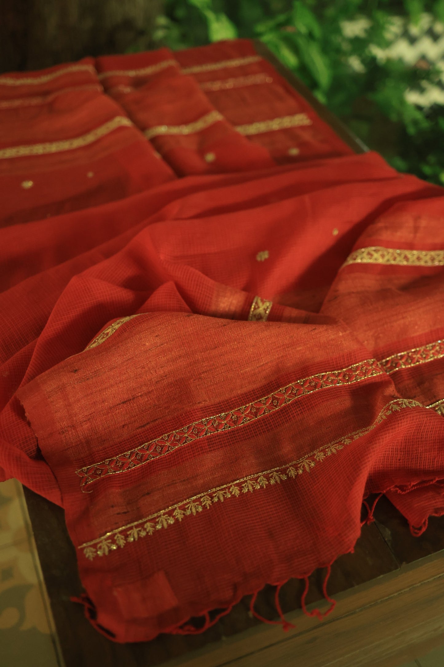 Cherry Red Handloom Kota Chikankari With Mirror Work Unstitched Kurta Dupatta Set