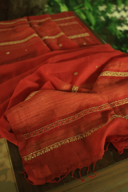 Cherry Red Handloom Kota Chikankari With Mirror Work Unstitched Kurta Dupatta Set