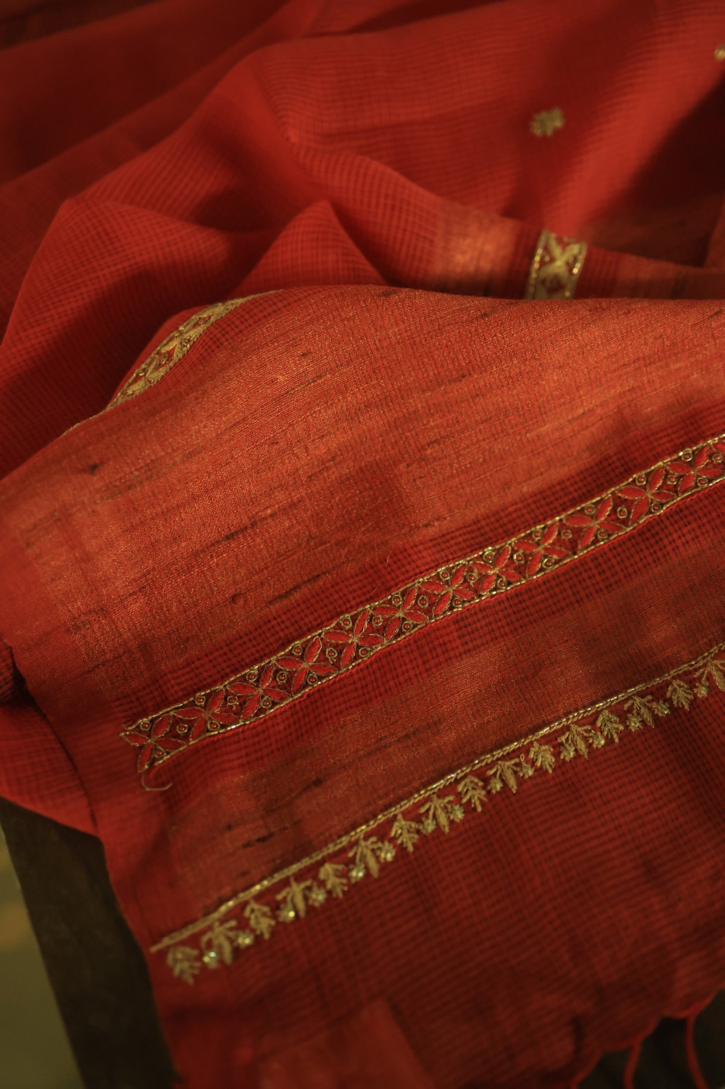 Cherry Red Handloom Kota Chikankari With Mirror Work Unstitched Kurta Dupatta Set