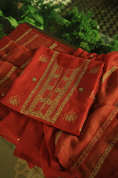 Cherry Red Handloom Kota Chikankari With Mirror Work Unstitched Kurta Dupatta Set