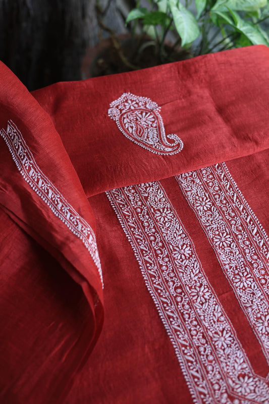 Cherry Red Linen Chikankari Unstitched Men's Kurtas Fabric