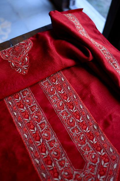 Cherry Red Moonga Silk Chikankari Men’s Kurta Fabric