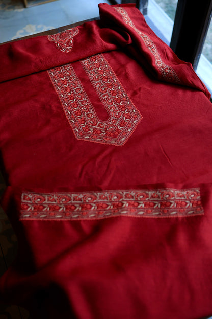 Cherry Red Moonga Silk Chikankari Men’s Kurta Fabric